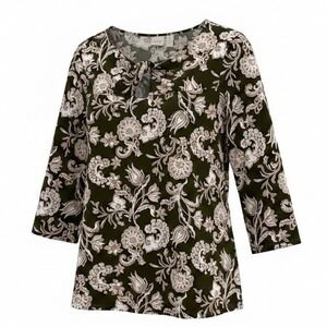Chico's Blouse Women 2 Green Floral Paisley 3/4 Sleeve Keyhole Neck Stretch Top